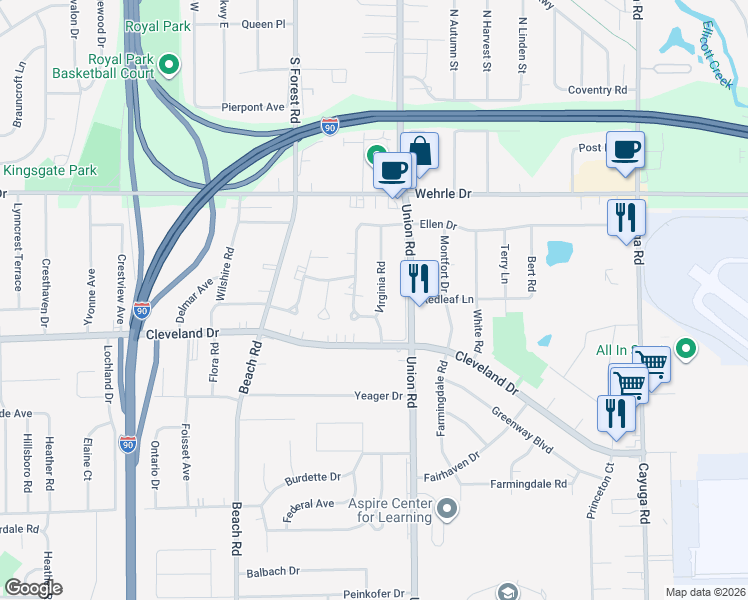 map of restaurants, bars, coffee shops, grocery stores, and more near 44 Virginia Road in Buffalo
