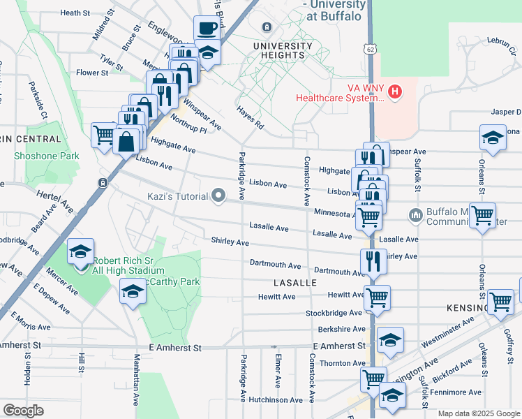 map of restaurants, bars, coffee shops, grocery stores, and more near 241 Minnesota Avenue in Buffalo