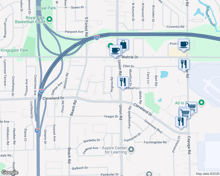 map of restaurants, bars, coffee shops, grocery stores, and more near 44 Virginia Road in Buffalo