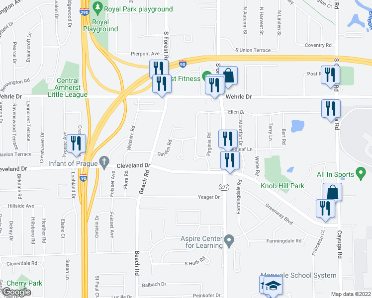 map of restaurants, bars, coffee shops, grocery stores, and more near 29 Jean Terrace in Buffalo