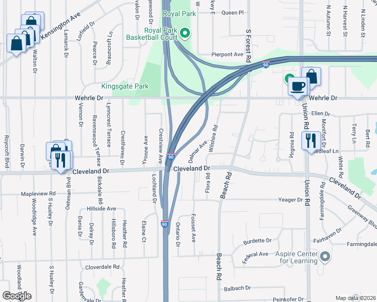 map of restaurants, bars, coffee shops, grocery stores, and more near 32 Delmar Avenue in Buffalo