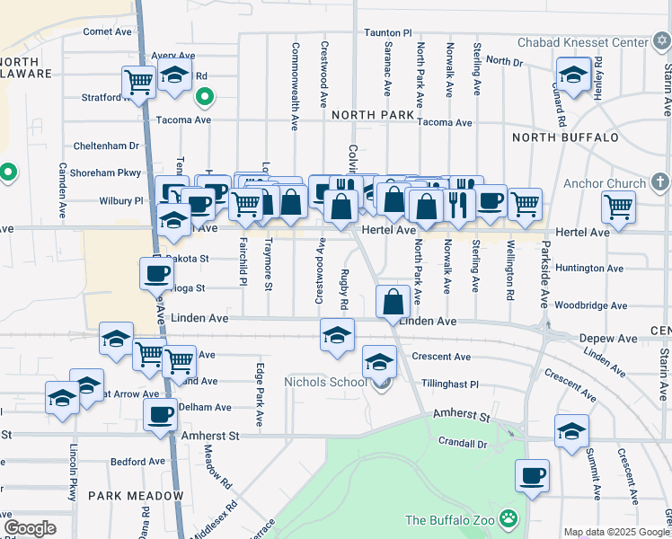 map of restaurants, bars, coffee shops, grocery stores, and more near 68 Rugby Road in Buffalo