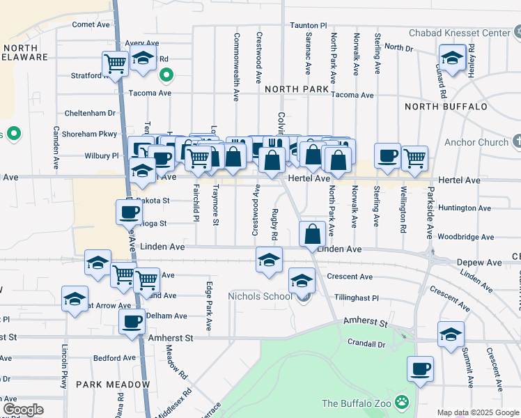 map of restaurants, bars, coffee shops, grocery stores, and more near 68 Crestwood Avenue in Buffalo