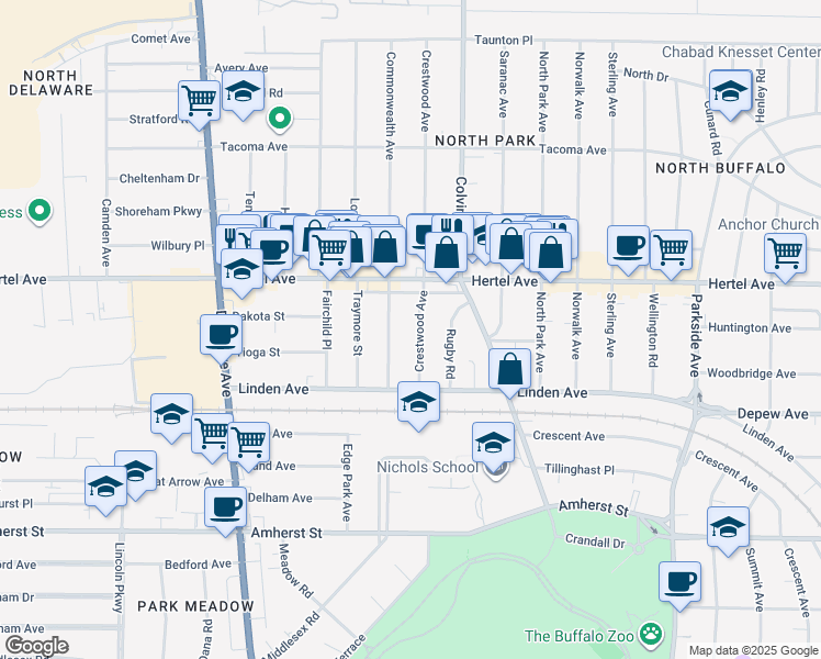 map of restaurants, bars, coffee shops, grocery stores, and more near 68 Crestwood Avenue in Buffalo