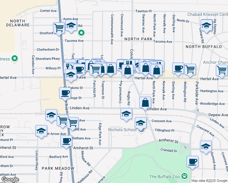 map of restaurants, bars, coffee shops, grocery stores, and more near 68 Crestwood Avenue in Buffalo