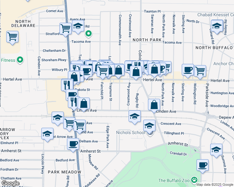 map of restaurants, bars, coffee shops, grocery stores, and more near 67 Traymore Street in Buffalo