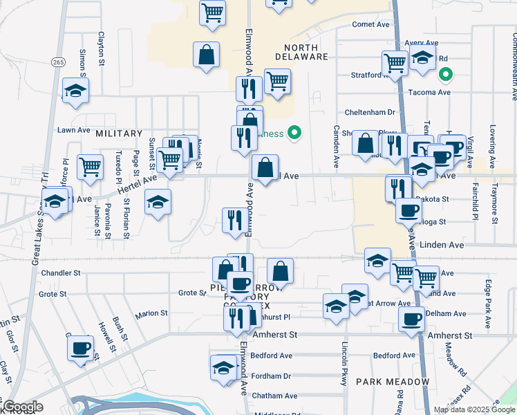 map of restaurants, bars, coffee shops, grocery stores, and more near 1807 Elmwood Avenue in Buffalo