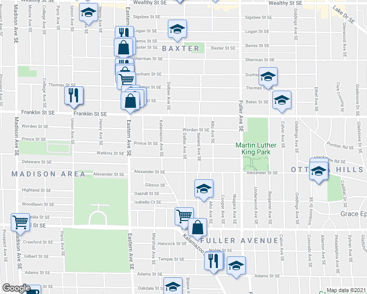 map of restaurants, bars, coffee shops, grocery stores, and more near 1007 Prince Street Southeast in Grand Rapids