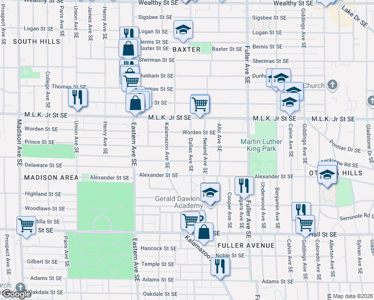 map of restaurants, bars, coffee shops, grocery stores, and more near 1007 Prince Street Southeast in Grand Rapids