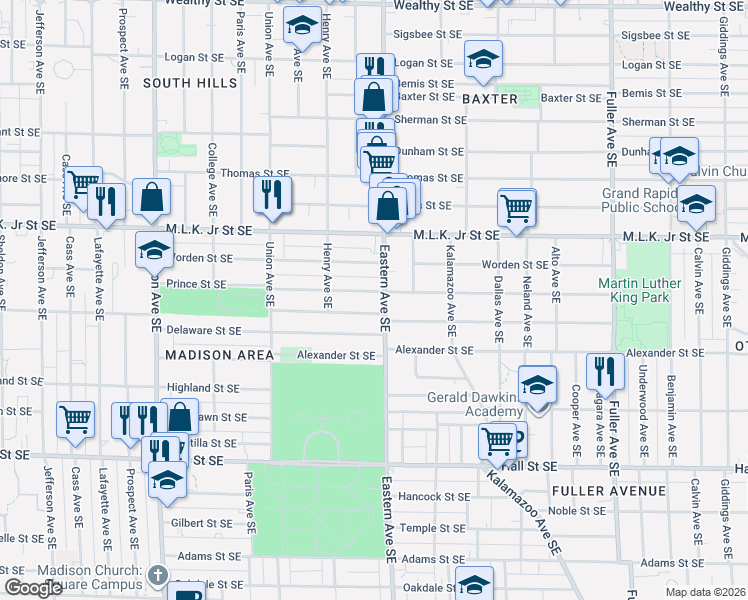 map of restaurants, bars, coffee shops, grocery stores, and more near 742 Prince Street Southeast in Grand Rapids