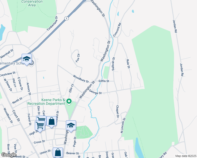 map of restaurants, bars, coffee shops, grocery stores, and more near 491 Washington Street in Keene