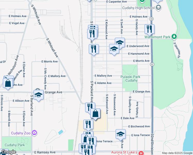 map of restaurants, bars, coffee shops, grocery stores, and more near 3611 East Mallory Avenue in Cudahy