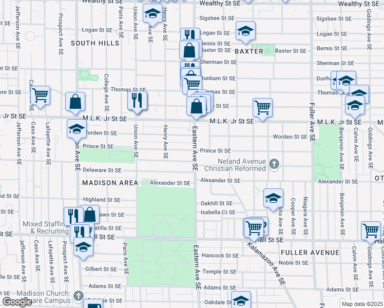 map of restaurants, bars, coffee shops, grocery stores, and more near 758 Prince Street Southeast in Grand Rapids