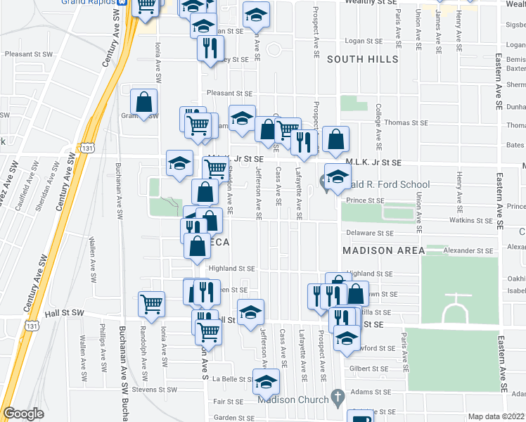 map of restaurants, bars, coffee shops, grocery stores, and more near 25 Delaware Street Southeast in Grand Rapids