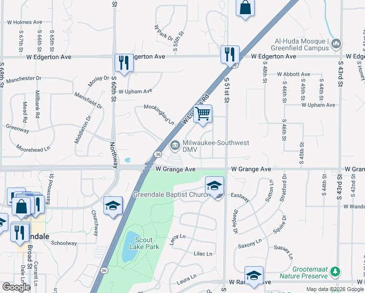 map of restaurants, bars, coffee shops, grocery stores, and more near 5151 Maplewood Drive in Greendale