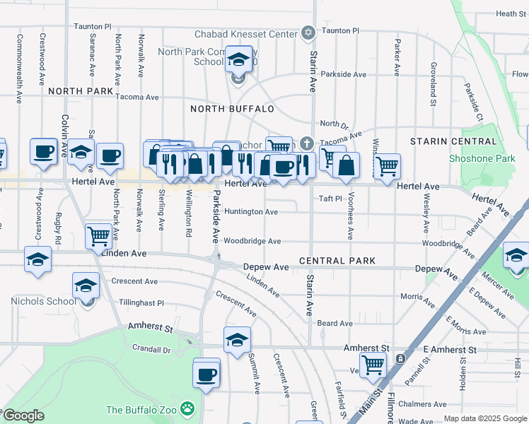 map of restaurants, bars, coffee shops, grocery stores, and more near Huntington Avenue & Wallace Avenue in Buffalo