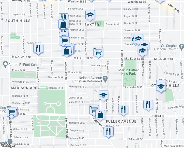 map of restaurants, bars, coffee shops, grocery stores, and more near 940 Prince Street Southeast in Grand Rapids
