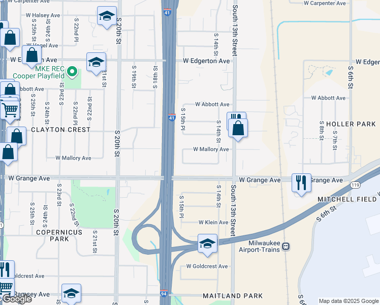 map of restaurants, bars, coffee shops, grocery stores, and more near 1541 West Mallory Avenue in Milwaukee