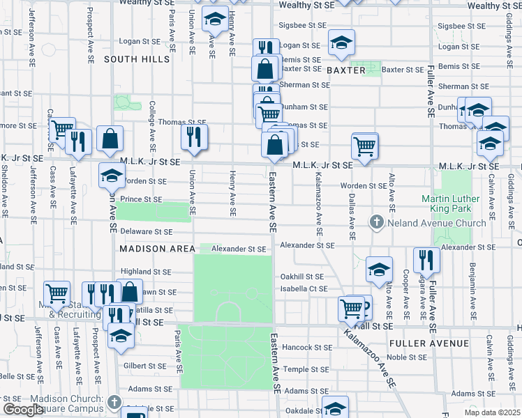 map of restaurants, bars, coffee shops, grocery stores, and more near 742 Prince Street Southeast in Grand Rapids