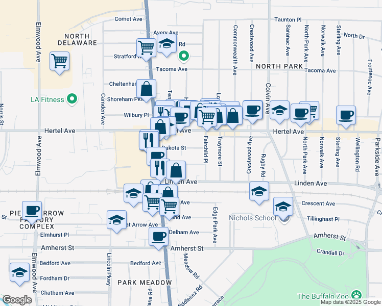 map of restaurants, bars, coffee shops, grocery stores, and more near 30 Dakota Street in Buffalo