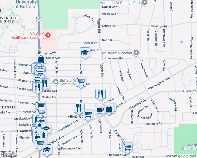 map of restaurants, bars, coffee shops, grocery stores, and more near 655 Lisbon Avenue in Buffalo