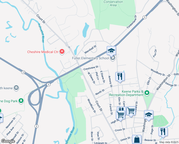 map of restaurants, bars, coffee shops, grocery stores, and more near 4 West Diane Drive in Keene