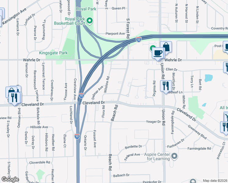 map of restaurants, bars, coffee shops, grocery stores, and more near 39 Wilshire Road in Cheektowaga