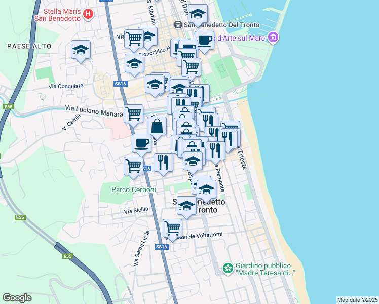 map of restaurants, bars, coffee shops, grocery stores, and more near 95A Viale Alcide De Gasperi in San Benedetto del Tronto