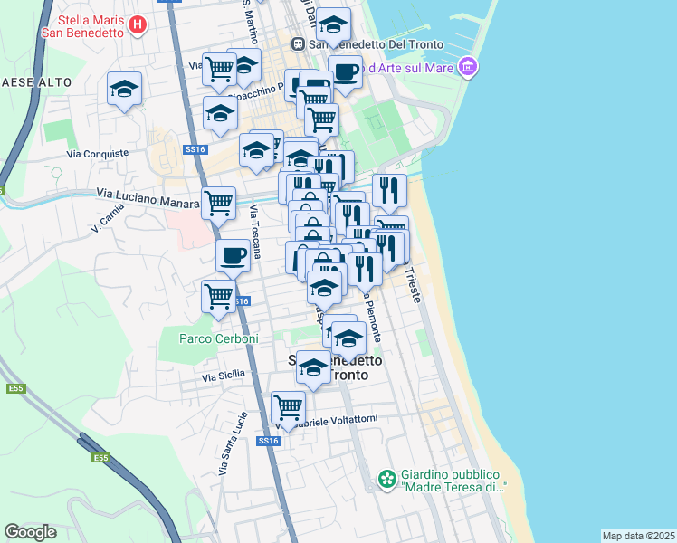 map of restaurants, bars, coffee shops, grocery stores, and more near 77 Via Umbria in San Benedetto del Tronto