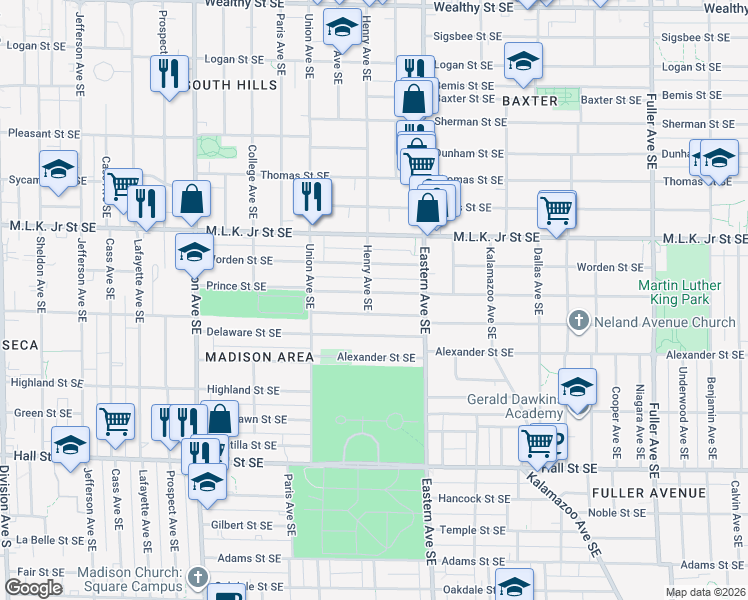 map of restaurants, bars, coffee shops, grocery stores, and more near 700 Prince Street Southeast in Grand Rapids