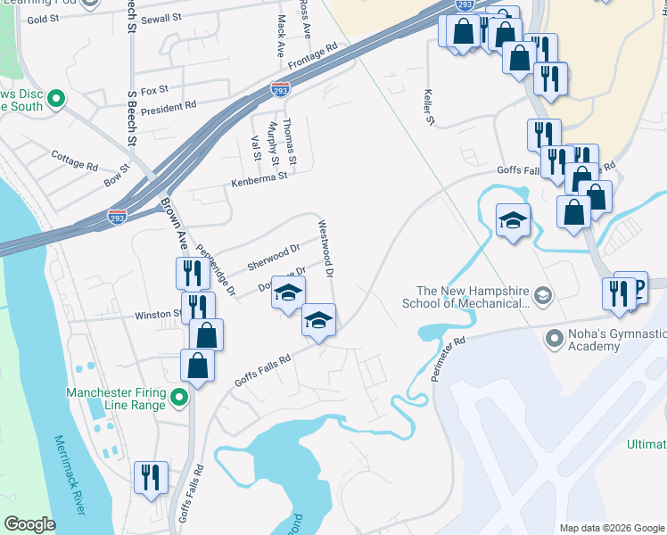map of restaurants, bars, coffee shops, grocery stores, and more near 370 Westwood Drive in Manchester