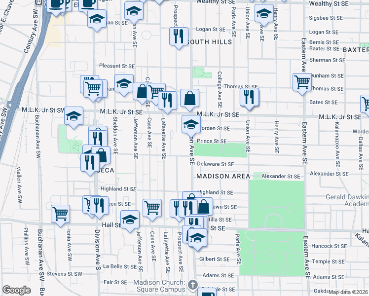 map of restaurants, bars, coffee shops, grocery stores, and more near 917 Madison Avenue Southeast in Grand Rapids