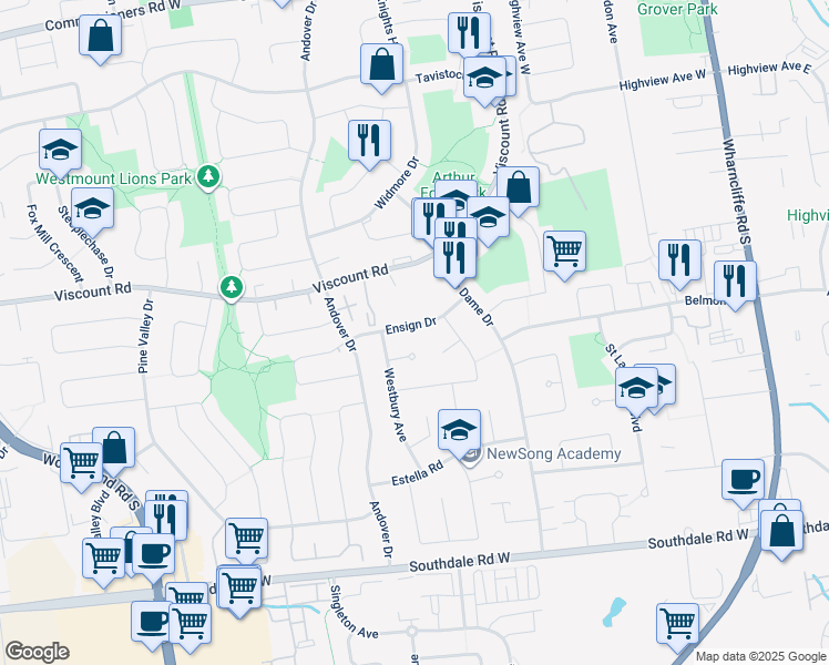 map of restaurants, bars, coffee shops, grocery stores, and more near 189 Ensign Drive in London
