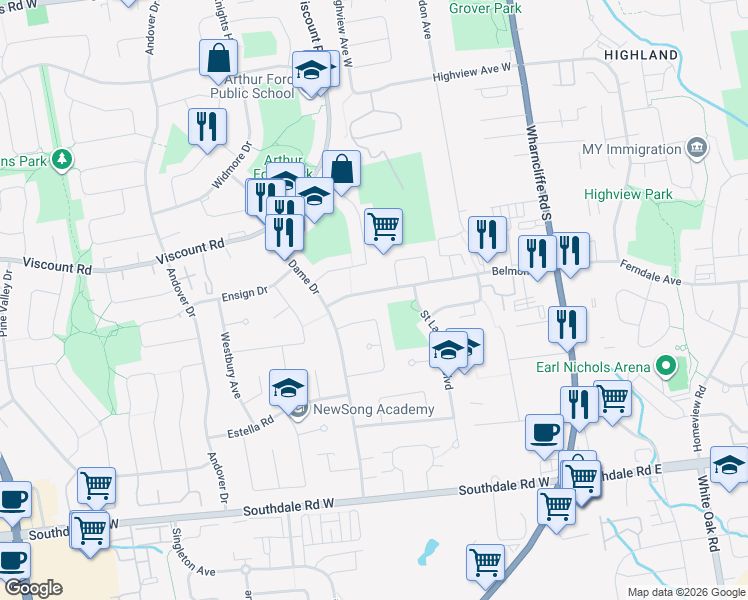 map of restaurants, bars, coffee shops, grocery stores, and more near 180 Belmont Drive in London