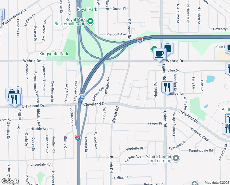 map of restaurants, bars, coffee shops, grocery stores, and more near 39 Wilshire Road in Cheektowaga