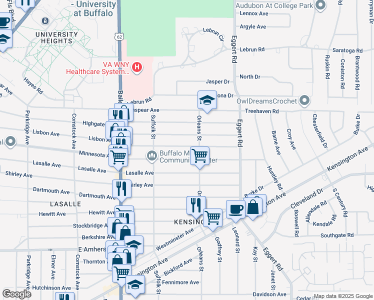 map of restaurants, bars, coffee shops, grocery stores, and more near 535 Lisbon Avenue in Buffalo