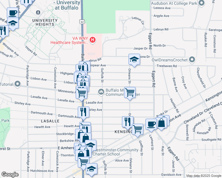 map of restaurants, bars, coffee shops, grocery stores, and more near 497 Lisbon Avenue in Buffalo