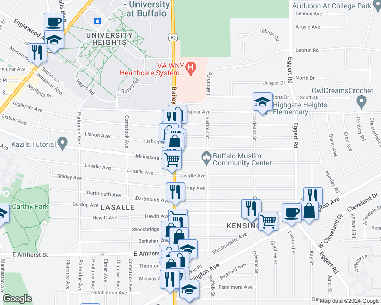 map of restaurants, bars, coffee shops, grocery stores, and more near 417 Lisbon Avenue in Buffalo