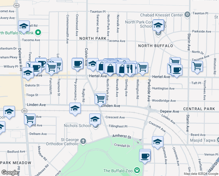 map of restaurants, bars, coffee shops, grocery stores, and more near 70 Norwalk Avenue in Buffalo