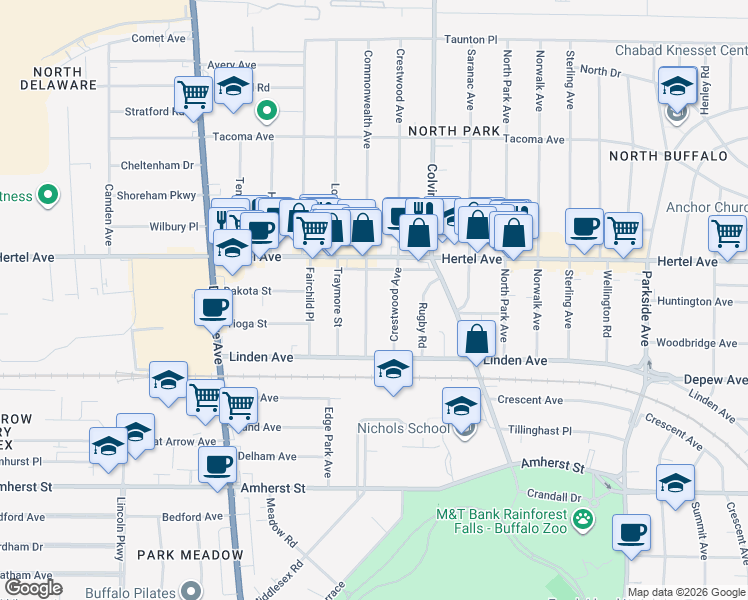 map of restaurants, bars, coffee shops, grocery stores, and more near 68 Crestwood Avenue in Buffalo