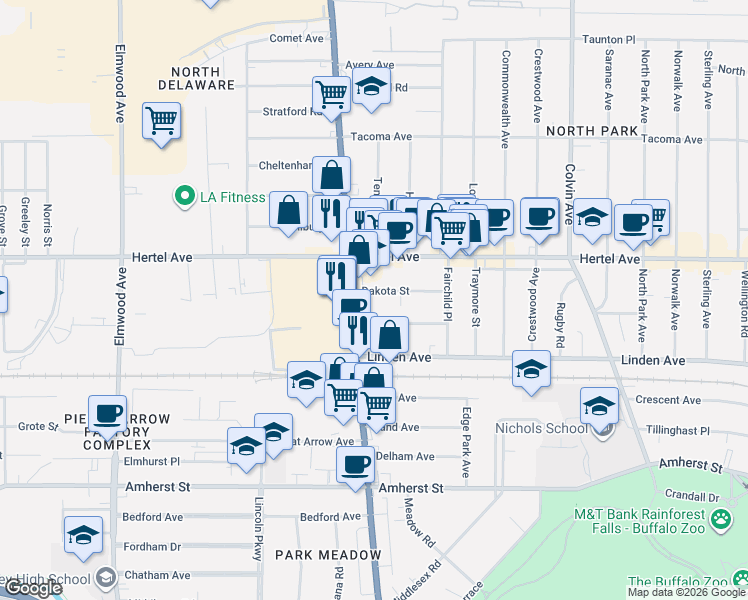 map of restaurants, bars, coffee shops, grocery stores, and more near 74 Dakota Street in Buffalo