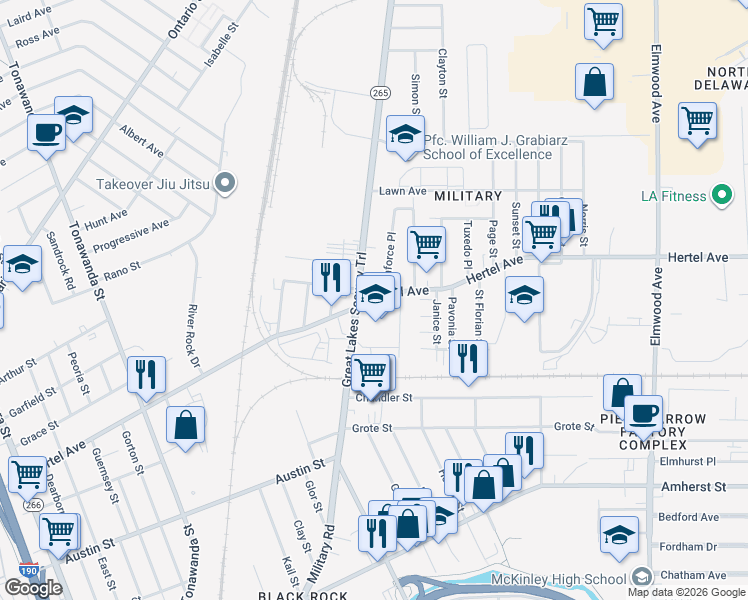 map of restaurants, bars, coffee shops, grocery stores, and more near 355 Military Road in Buffalo