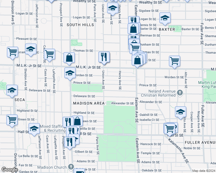 map of restaurants, bars, coffee shops, grocery stores, and more near 628 Prince Street Southeast in Grand Rapids