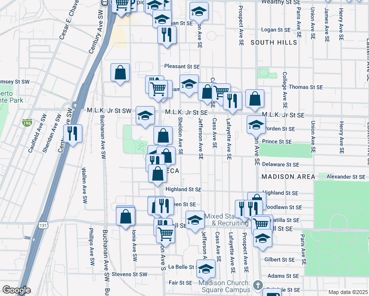 map of restaurants, bars, coffee shops, grocery stores, and more near 121 Delaware Street Southeast in Grand Rapids