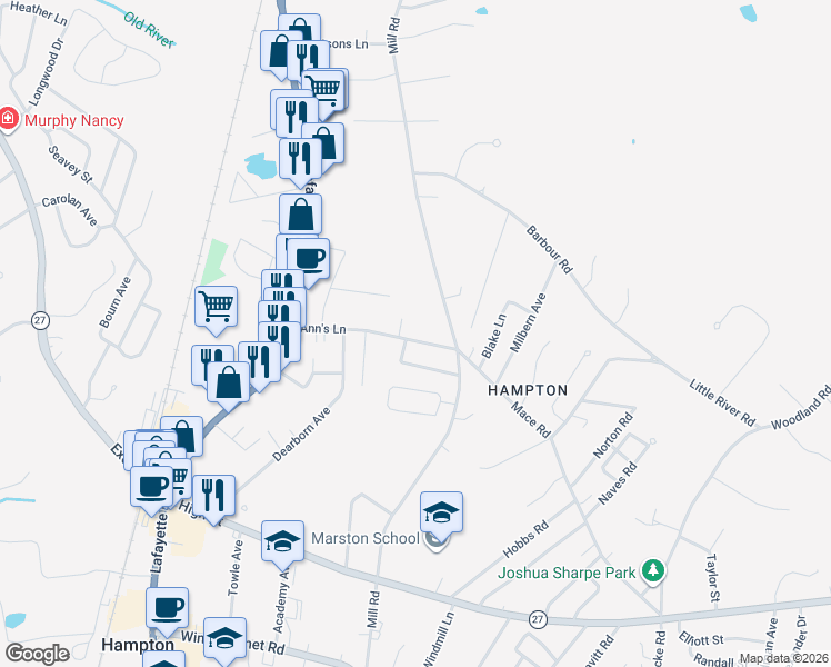 map of restaurants, bars, coffee shops, grocery stores, and more near 52 Ann's Lane in Hampton