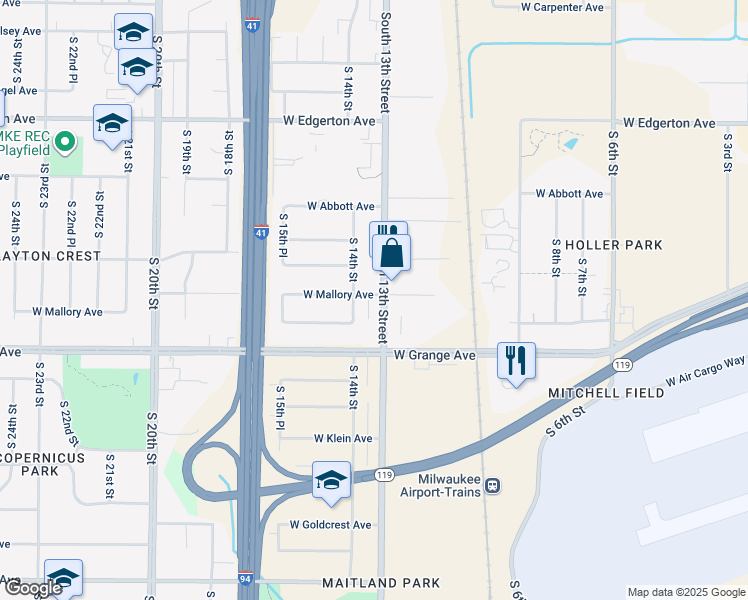 map of restaurants, bars, coffee shops, grocery stores, and more near 5407 South 13th Street in Milwaukee