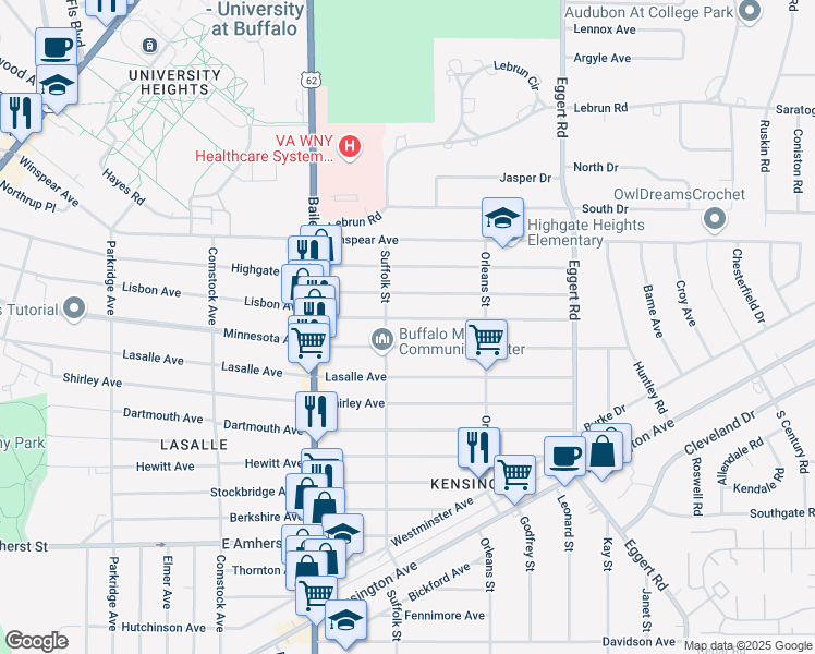 map of restaurants, bars, coffee shops, grocery stores, and more near 497 Lisbon Avenue in Buffalo