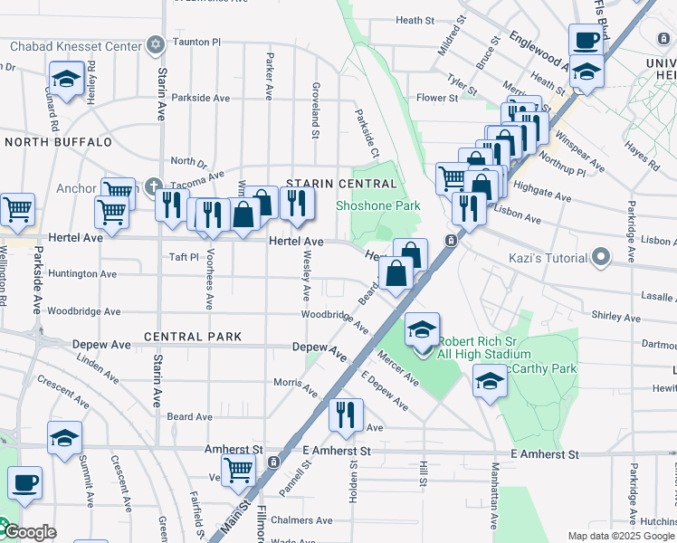 map of restaurants, bars, coffee shops, grocery stores, and more near 85 Huntington Avenue in Buffalo