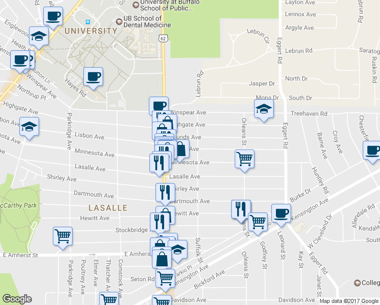 map of restaurants, bars, coffee shops, grocery stores, and more near 455 Lisbon Avenue in Buffalo