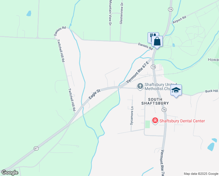 map of restaurants, bars, coffee shops, grocery stores, and more near Vermont 67 in Shaftsbury